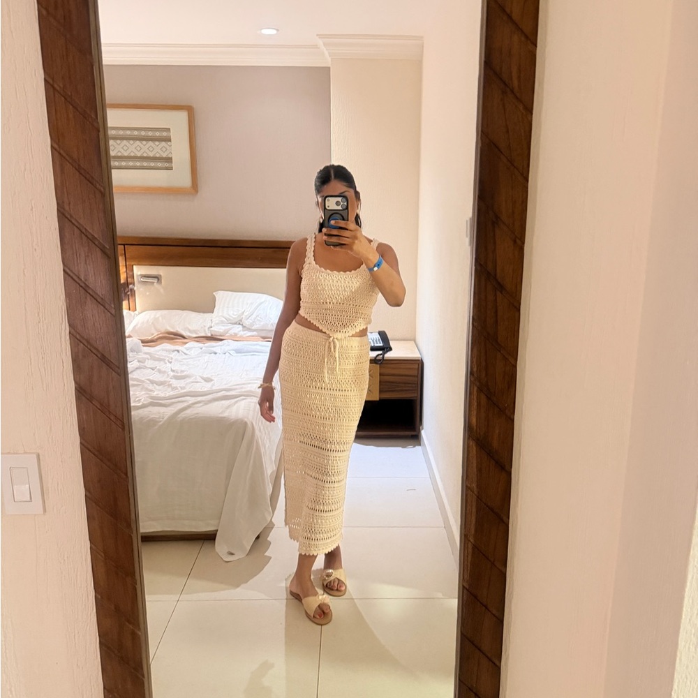 Sleeveless Crochet Midi Dress in Cream